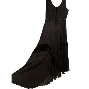 Unique Sundress lace up breast embroidered,  crushed velvet and lace panels.